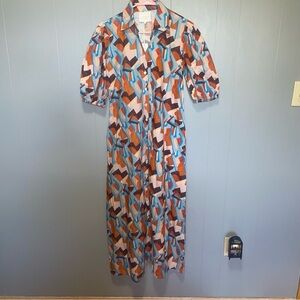 New Marigold by Victoria Dunn Orange Blue Midi Shirt Dress XS